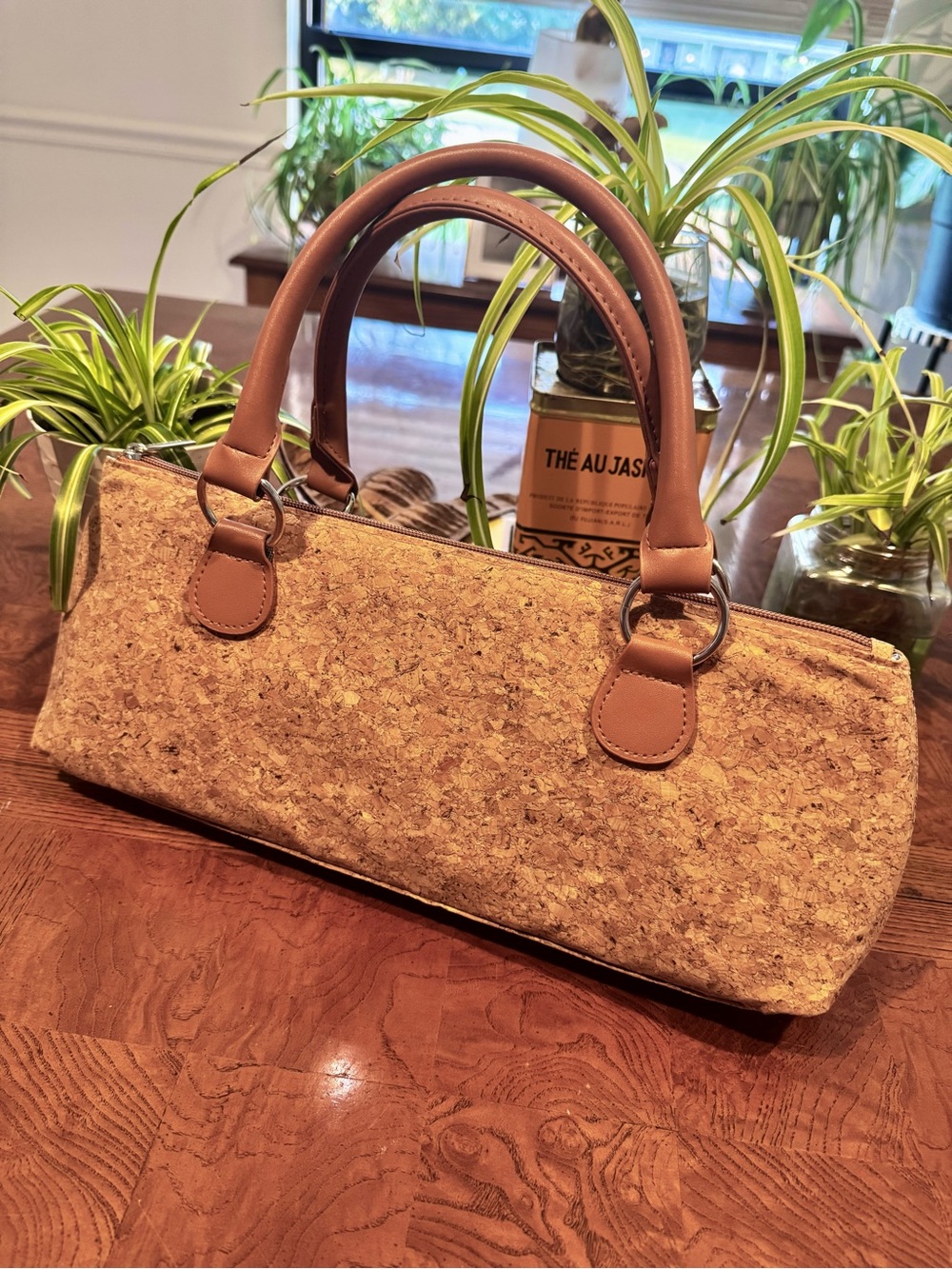 Hip Tan Cork Zippered Insulated Bottle Tote with Faux Leather Handles